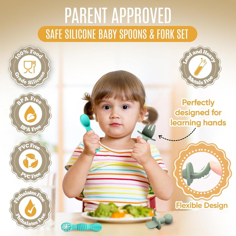 HippoBaby 4 قطع ملاعق سيليكون للأطفال لتغذية الذات 6-12 شهر - 3 ملاعق أطفال - 1 شوكة أطفال - مجموعة أدوات تناول الطعام للأطفال - خالية من BPA، آمنة في غسالة الصحون - أساسيات تغذية الأطفال (تركواز/مخلل) - Image 2